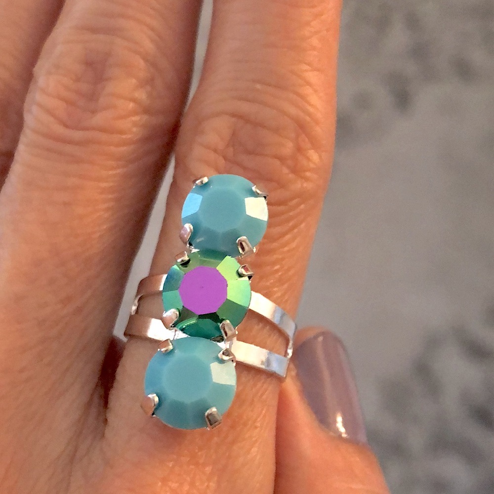 Turquoise + Peacock Teal Silver Crystal Statement Ring - Picture 5 of 10